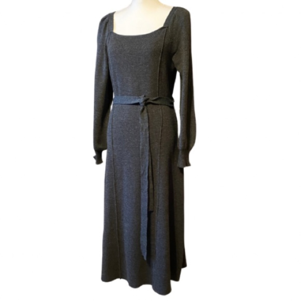 Taylor Grey Long Sleeve Midi Sweater Dress Square Neck Waist Tie (XL)